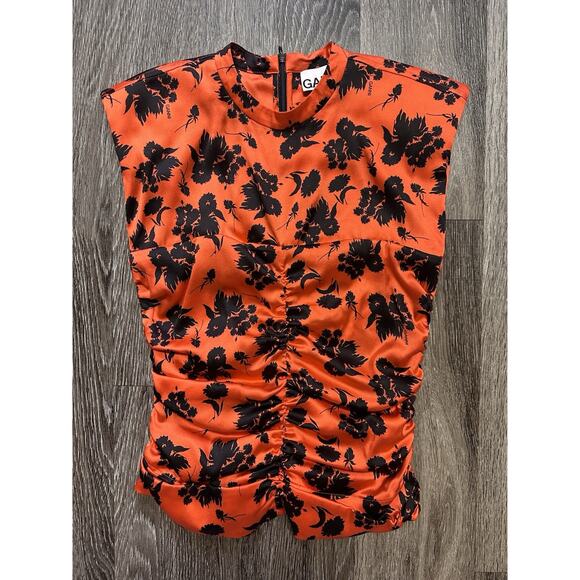 ganni Tops - GANNI silk orange and black stretch floral print ruched size 34 XS